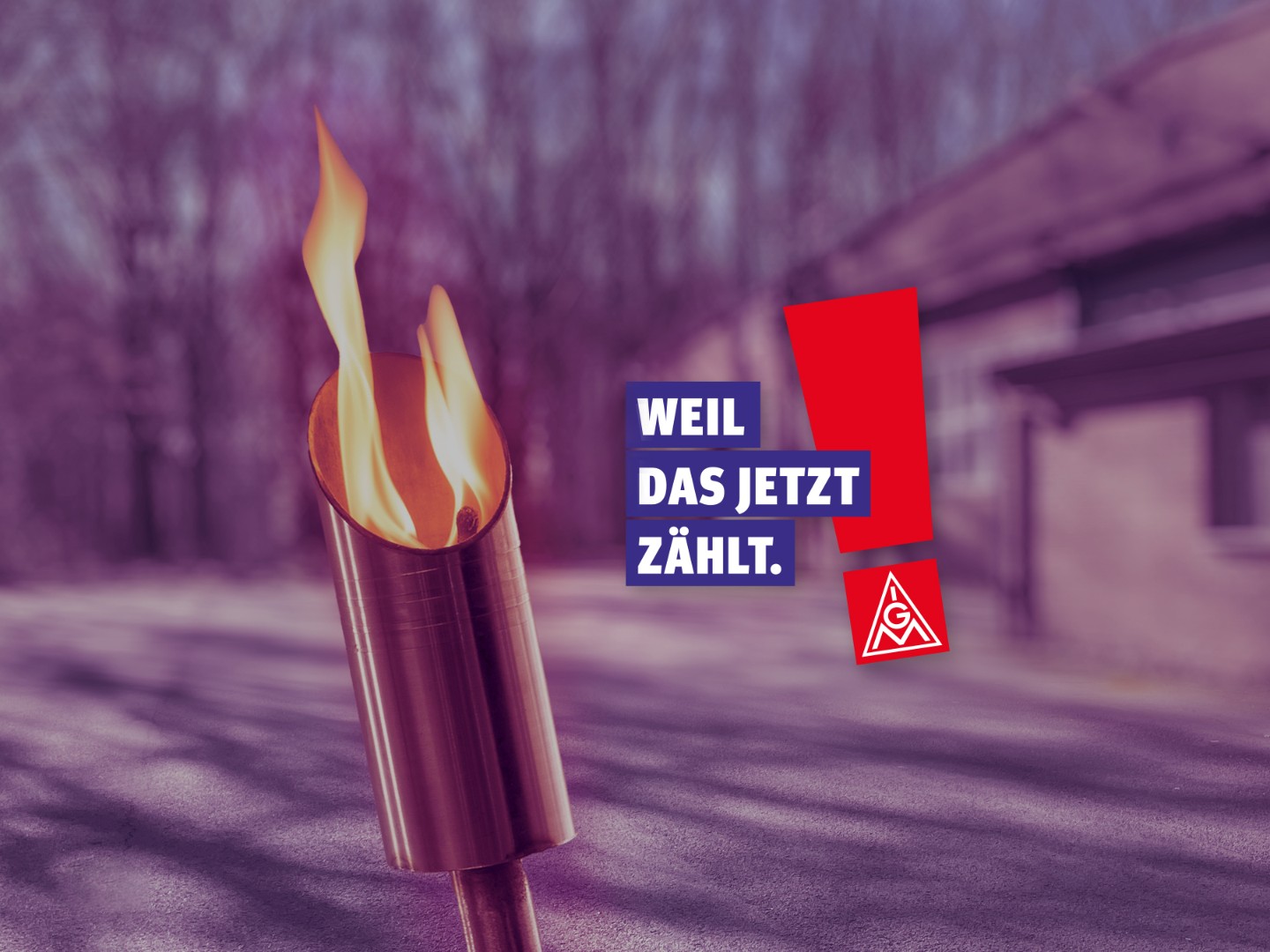 Eine Stahlfackel mit Flamme. Daneben ein Ausrufezeichen und die Worte „Weil das jetzt zählt“